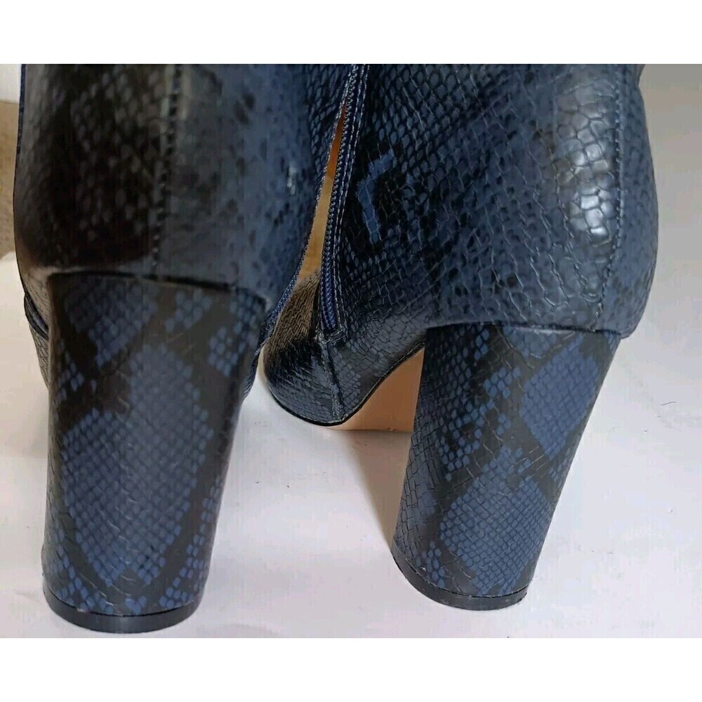 Catherine Maladrino Snake Print Knee Boots 6.5 Black Navy High Heel Pointed Toe - Picture 6 of 12
